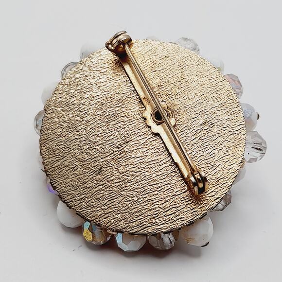 Vintage Beaded Brooch Clear & White AB Crystals Gold Tone Round 2 Inch - Picture 6 of 9